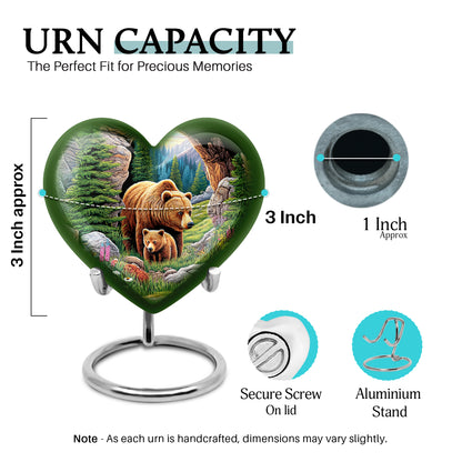 Sage Green Bear Cremation Urn front view showing detailed design - loving heart memorial featuring bear pattern - mini keepsake memorial for portion of cremation ashes