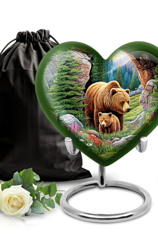 Olive Green Bear Cremation Urn detail view - romantic heart urn with bear motif on aluminum - full-size 10 inch 200 cubic inch adult cremation urn