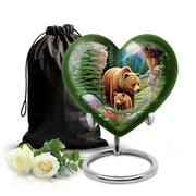 Olive Green Bear Cremation Urn detail view - romantic heart urn with bear motif on aluminum - full-size 10 inch 200 cubic inch adult cremation urn