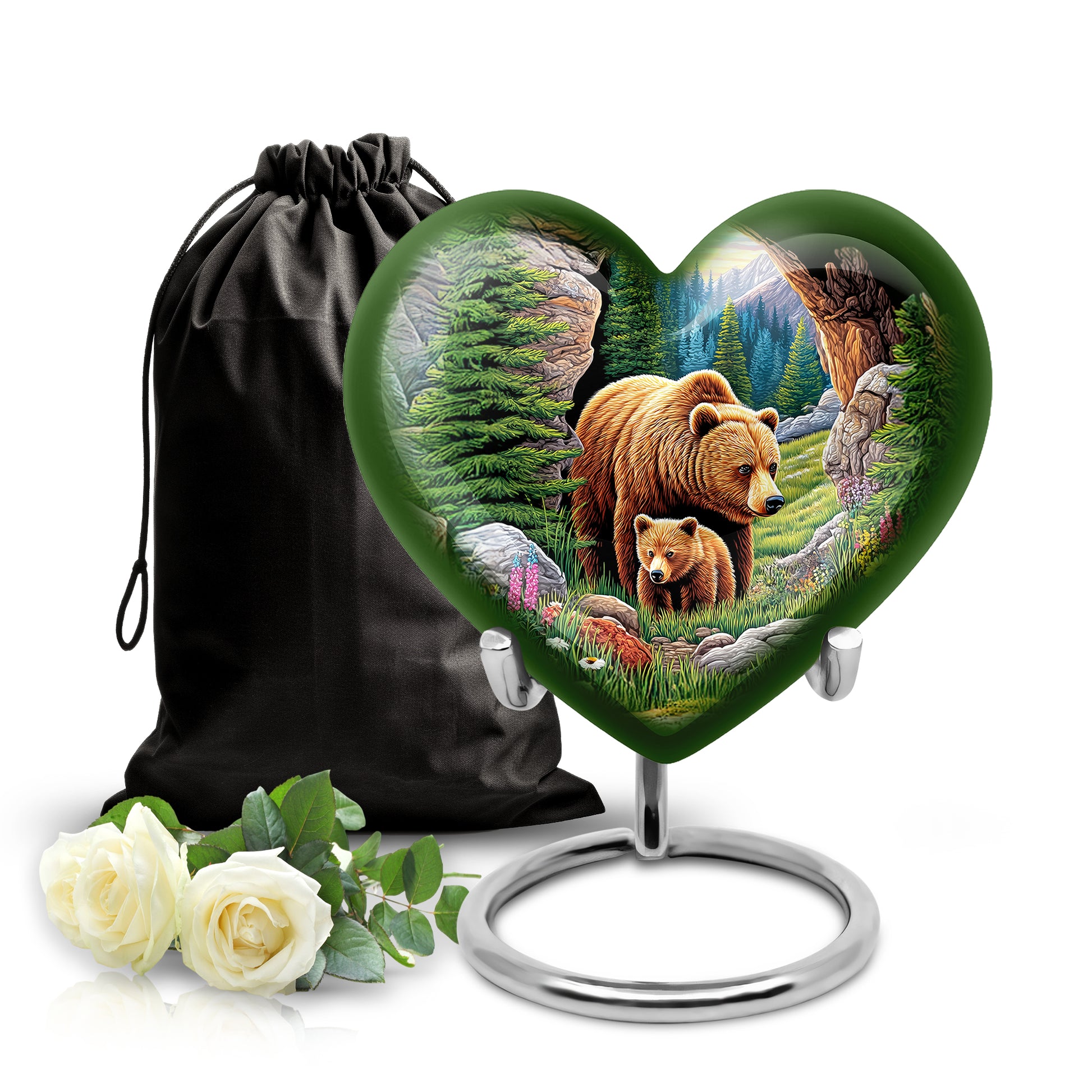 Olive Green Bear Cremation Urn detail view - romantic heart urn with bear motif on aluminum - full-size 10 inch 200 cubic inch adult cremation urn