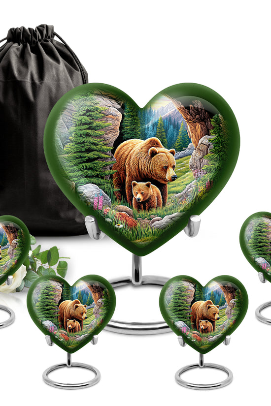 Moss Green Bear Cremation Urn close-up of engraving and surface detail - heart-shaped bear design symbolizing eternal love - memorial set with one large and four small urns