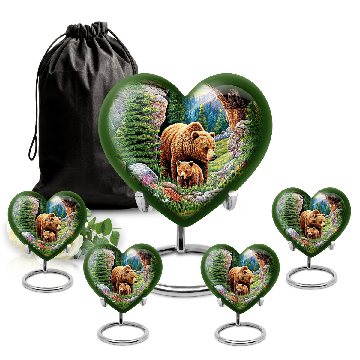 Moss Green Bear Cremation Urn close-up of engraving and surface detail - heart-shaped bear design symbolizing eternal love - memorial set with one large and four small urns