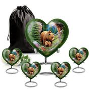 Moss Green Bear Cremation Urn close-up of engraving and surface detail - heart-shaped bear design symbolizing eternal love - memorial set with one large and four small urns