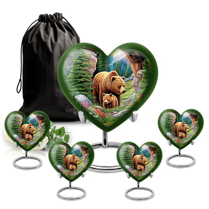 Moss Green Bear Cremation Urn close-up of engraving and surface detail - heart-shaped bear design symbolizing eternal love - memorial set with one large and four small urns