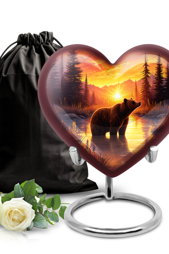 Wine Red Bear Cremation Urn detail view - loving heart memorial featuring bear pattern - full-size 10 inch 200 cubic inch adult cremation urn