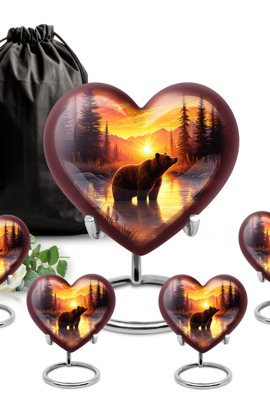 Deep Red Bear Cremation Urn close-up of engraving and surface detail - loving heart memorial featuring bear pattern - memorial set with one large and four small urns