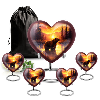 Deep Red Bear Cremation Urn close-up of engraving and surface detail - loving heart memorial featuring bear pattern - memorial set with one large and four small urns