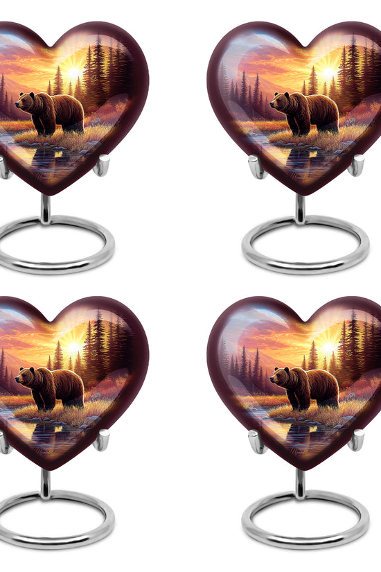 Rich Red Bear Cremation Urn angled view of lid and engraved motif - romantic heart urn with bear motif on aluminum - 10 inch aluminum urn for cremated remains