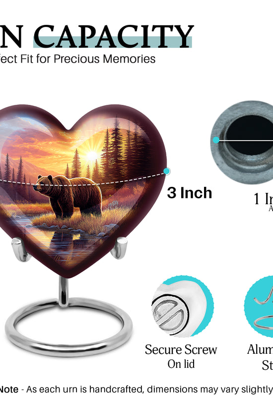 Ruby Red Bear Cremation Urn front view showing detailed design - romantic heart urn with bear motif on aluminum - mini keepsake memorial for portion of cremation ashes