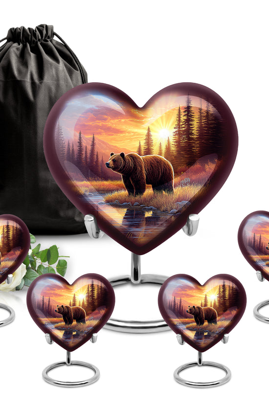 Garnet Red Bear Cremation Urn close-up of engraving and surface detail - heart-shaped bear design symbolizing eternal love - memorial set with one large and four small urns