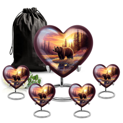 Garnet Red Bear Cremation Urn close-up of engraving and surface detail - heart-shaped bear design symbolizing eternal love - memorial set with one large and four small urns