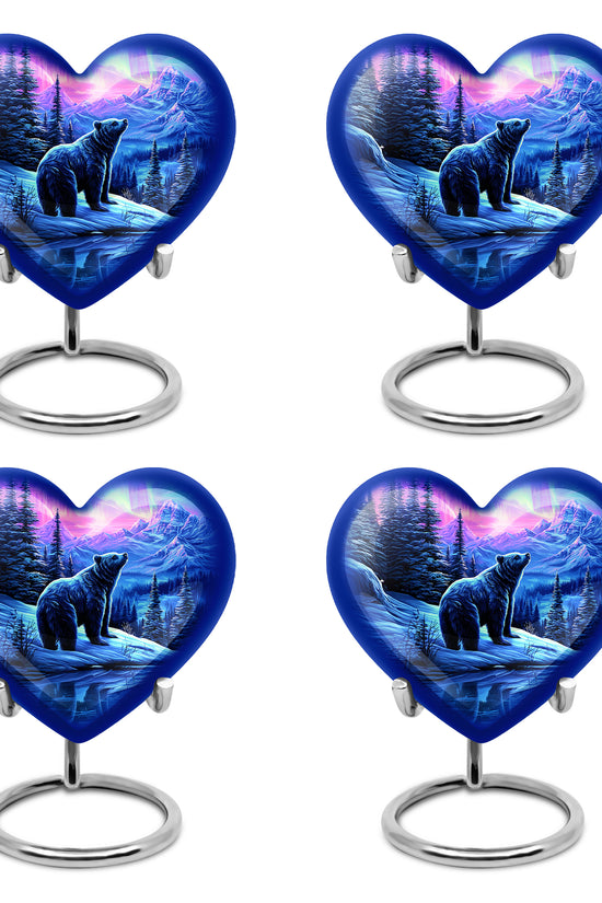 Royal Purple Bear Cremation Urn angled view of lid and engraved motif - compassionate heart-bear combination with gentle curves - 10 inch aluminum urn for cremated remains