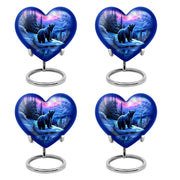 Royal Purple Bear Cremation Urn angled view of lid and engraved motif - compassionate heart-bear combination with gentle curves - 10 inch aluminum urn for cremated remains