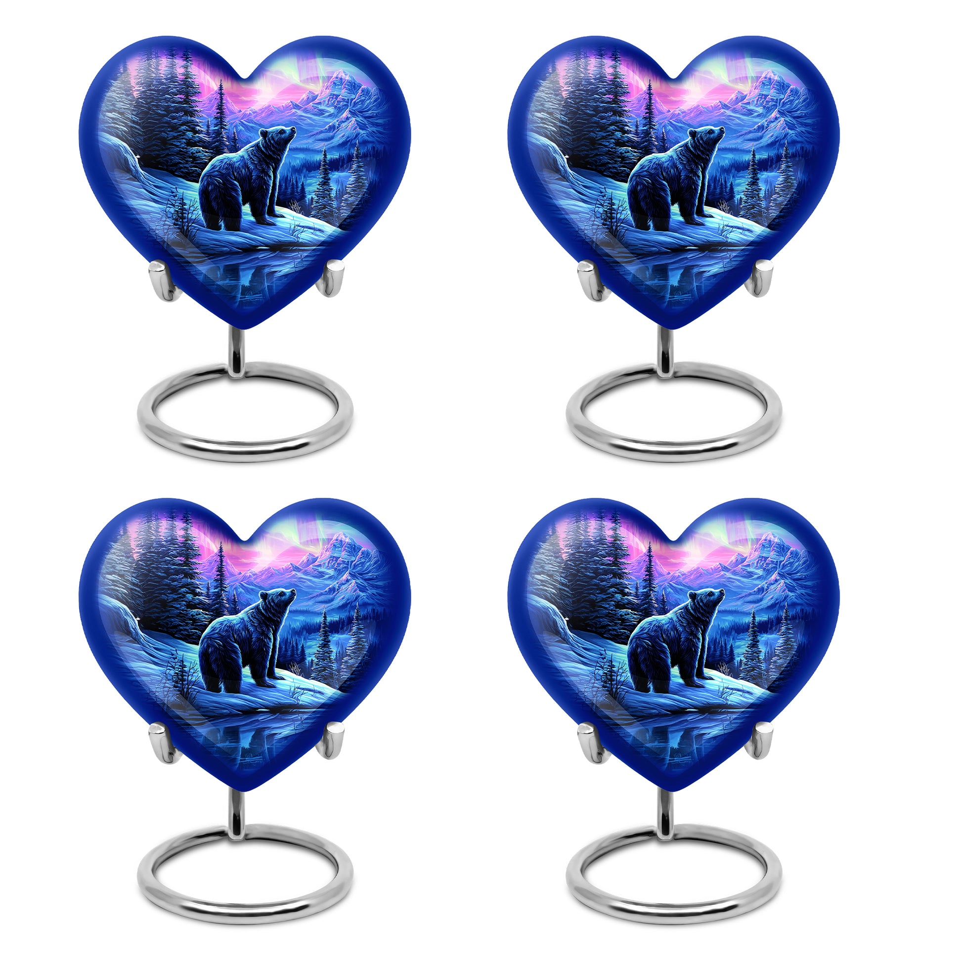 Royal Purple Bear Cremation Urn angled view of lid and engraved motif - compassionate heart-bear combination with gentle curves - 10 inch aluminum urn for cremated remains