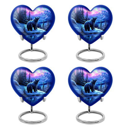 Royal Purple Bear Cremation Urn angled view of lid and engraved motif - compassionate heart-bear combination with gentle curves - 10 inch aluminum urn for cremated remains