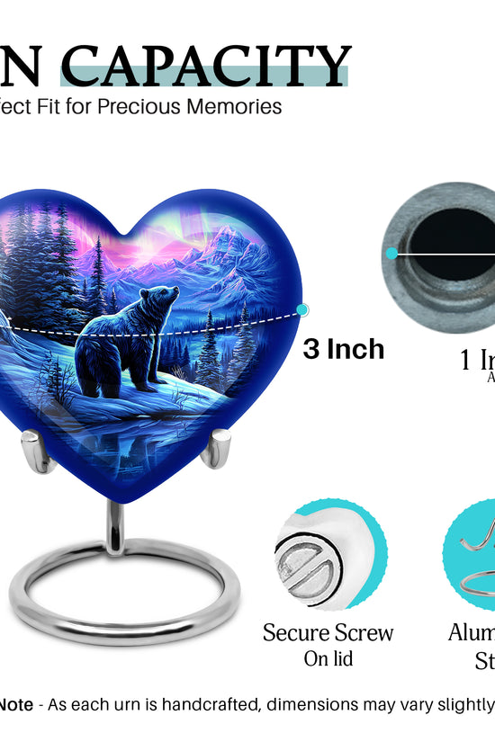 Majestic Purple Bear Cremation Urn front view showing detailed design - heart-shaped bear design symbolizing eternal love - mini keepsake memorial for portion of cremation ashes