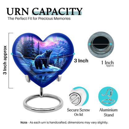 Majestic Purple Bear Cremation Urn front view showing detailed design - heart-shaped bear design symbolizing eternal love - mini keepsake memorial for portion of cremation ashes