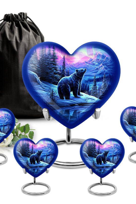 Plum Purple Bear Cremation Urn close-up of engraving and surface detail - loving heart memorial featuring bear pattern - memorial set with one large and four small urns