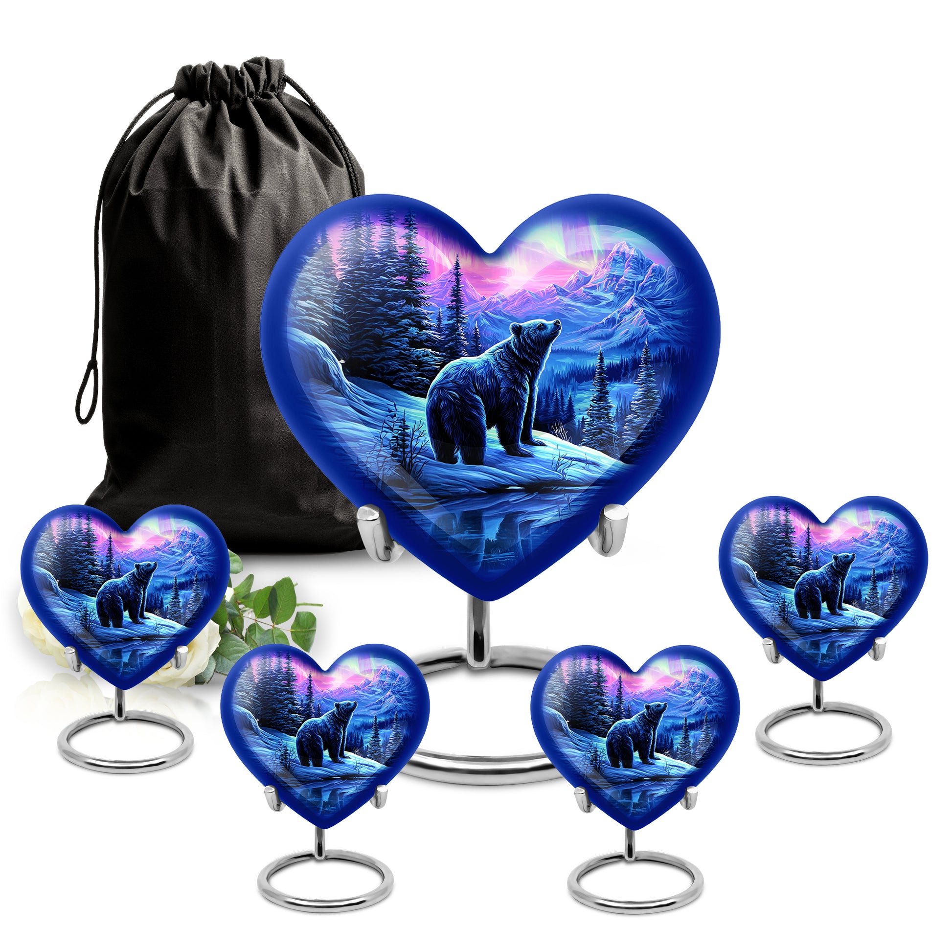 Plum Purple Bear Cremation Urn close-up of engraving and surface detail - loving heart memorial featuring bear pattern - memorial set with one large and four small urns