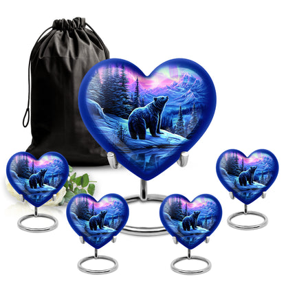 Plum Purple Bear Cremation Urn close-up of engraving and surface detail - loving heart memorial featuring bear pattern - memorial set with one large and four small urns