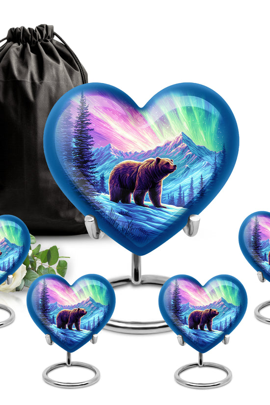 Salmon Pink Bear Cremation Urn close-up of engraving and surface detail - romantic heart urn with bear motif on aluminum - memorial set with one large and four small urns
