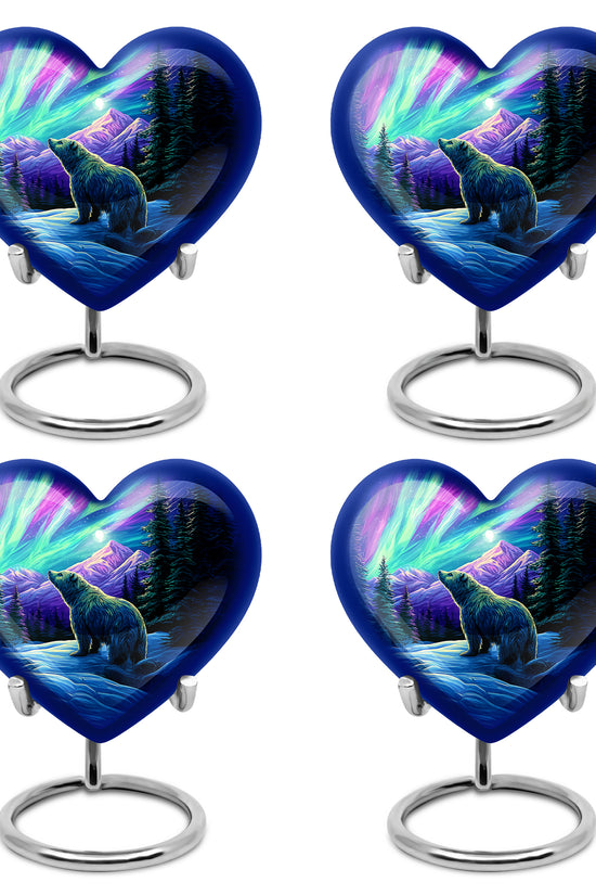 Soft Blue Bear Cremation Urn angled view of lid and engraved motif - romantic heart urn with bear motif on aluminum - 10 inch aluminum urn for cremated remains