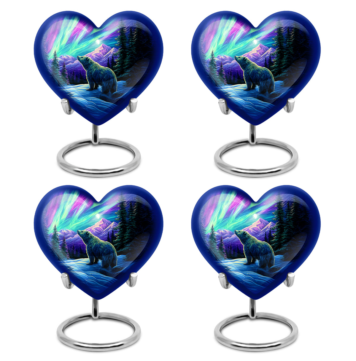 Soft Blue Bear Cremation Urn angled view of lid and engraved motif - romantic heart urn with bear motif on aluminum - 10 inch aluminum urn for cremated remains