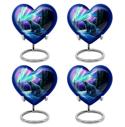 Soft Blue Bear Cremation Urn angled view of lid and engraved motif - romantic heart urn with bear motif on aluminum - 10 inch aluminum urn for cremated remains