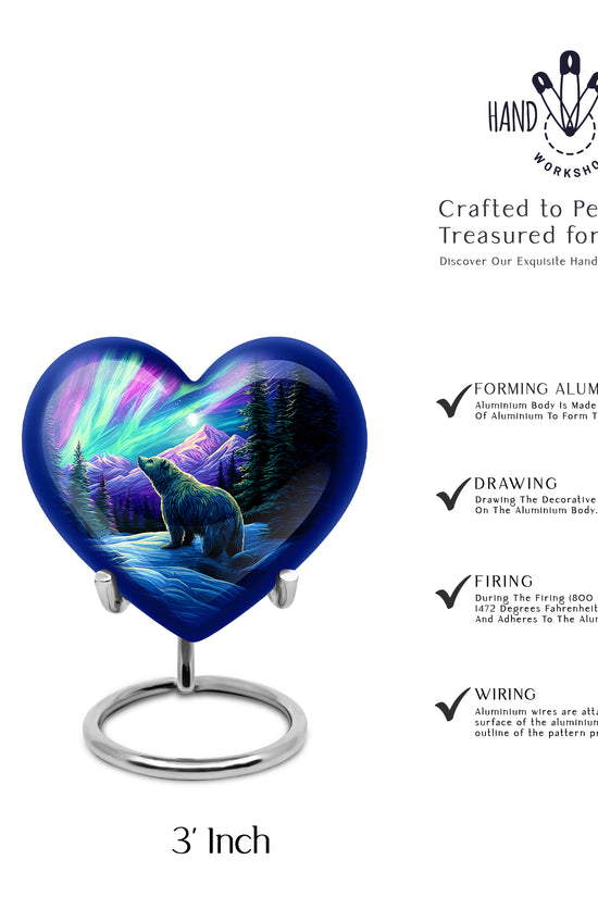 Calming Blue Bear Cremation Urn front view showing detailed design - compassionate heart-bear combination with gentle curves - mini keepsake memorial for portion of cremation ashes