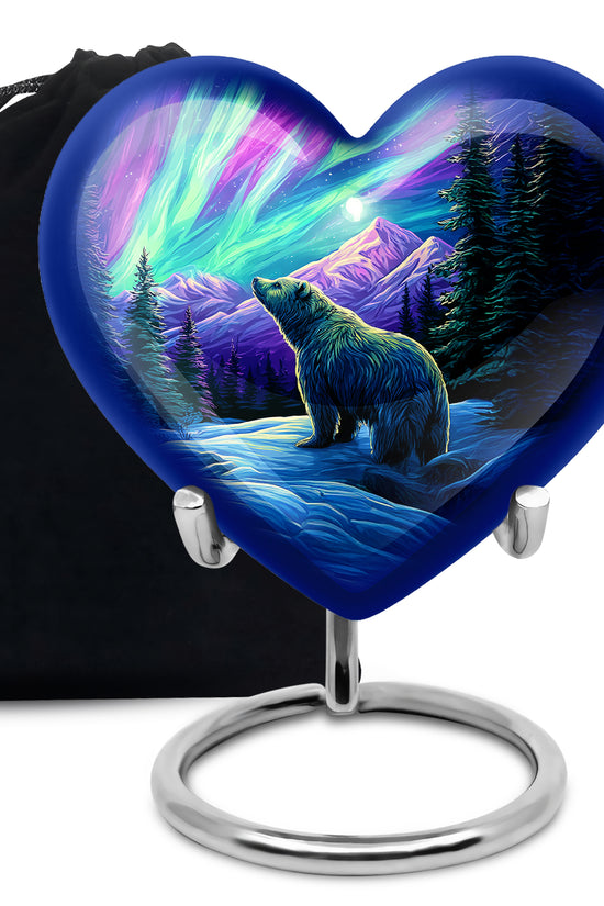 Dusty Blue Bear Cremation Urn detail view - loving heart memorial featuring bear pattern - full-size 10 inch 200 cubic inch adult cremation urn