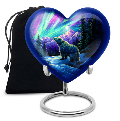Dusty Blue Bear Cremation Urn detail view - loving heart memorial featuring bear pattern - full-size 10 inch 200 cubic inch adult cremation urn