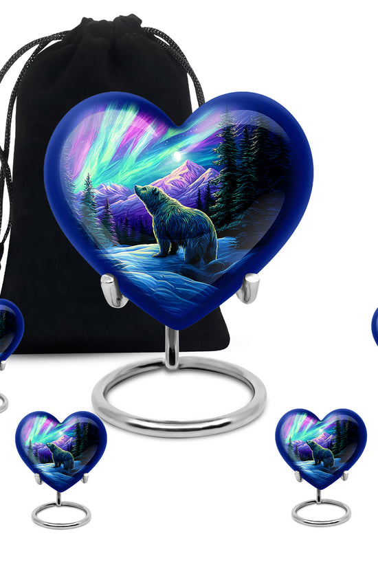 Cobalt Blue Bear Cremation Urn close-up of engraving and surface detail - compassionate heart-bear combination with gentle curves - memorial set with one large and four small urns