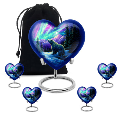 Cobalt Blue Bear Cremation Urn close-up of engraving and surface detail - compassionate heart-bear combination with gentle curves - memorial set with one large and four small urns