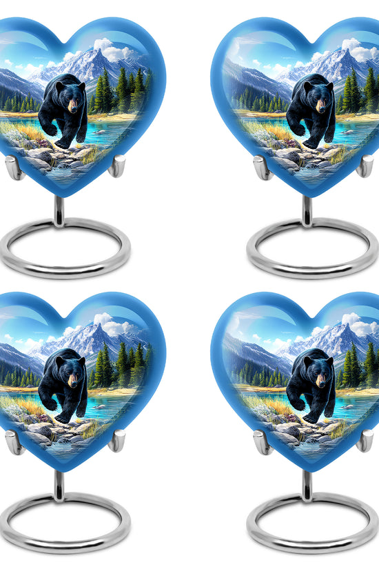 Cobalt Blue Bear Cremation Urn angled view of lid and engraved motif - romantic heart urn with bear motif on aluminum - 10 inch aluminum urn for cremated remains