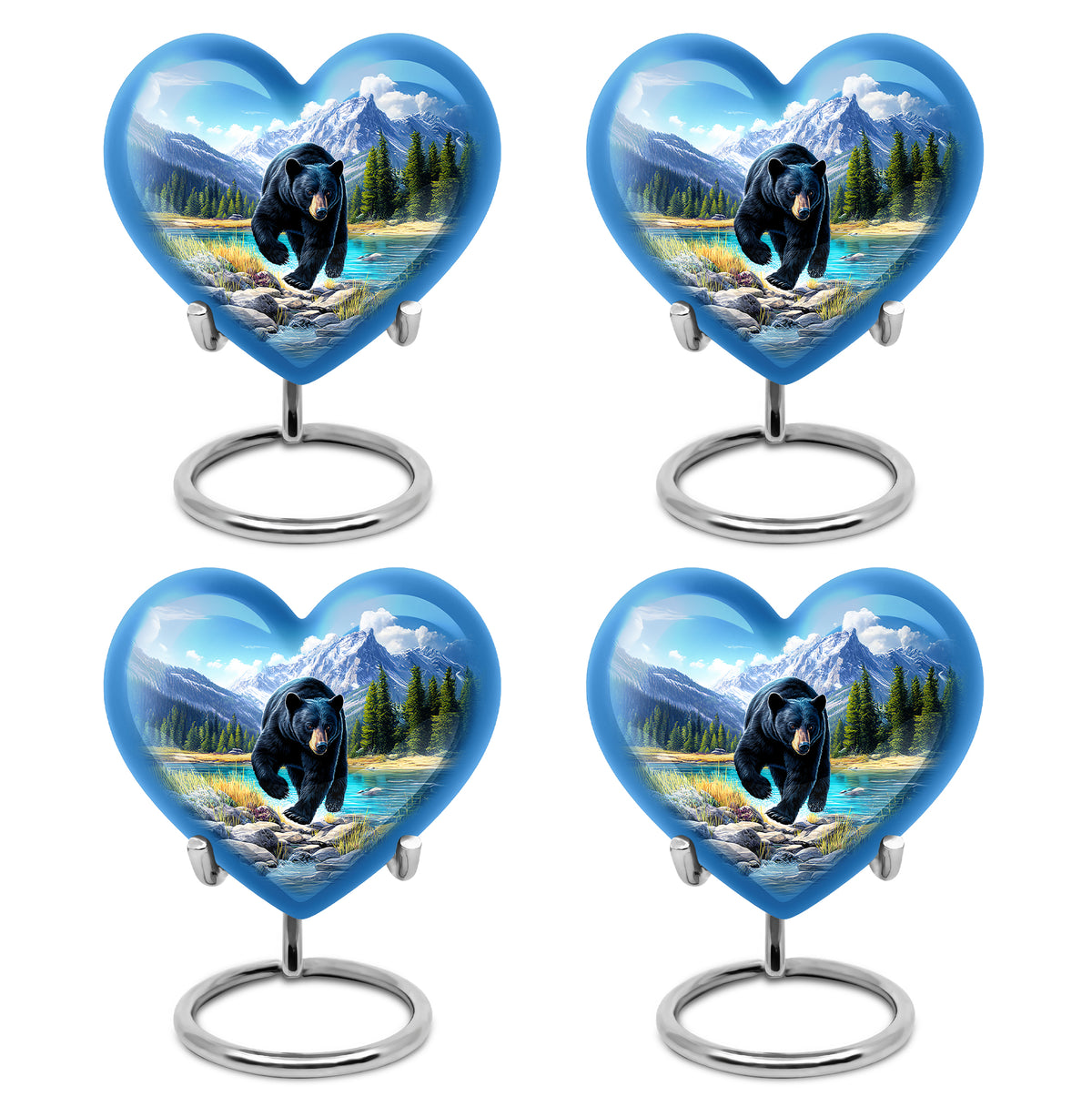 Cobalt Blue Bear Cremation Urn angled view of lid and engraved motif - romantic heart urn with bear motif on aluminum - 10 inch aluminum urn for cremated remains