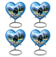 Cobalt Blue Bear Cremation Urn angled view of lid and engraved motif - romantic heart urn with bear motif on aluminum - 10 inch aluminum urn for cremated remains