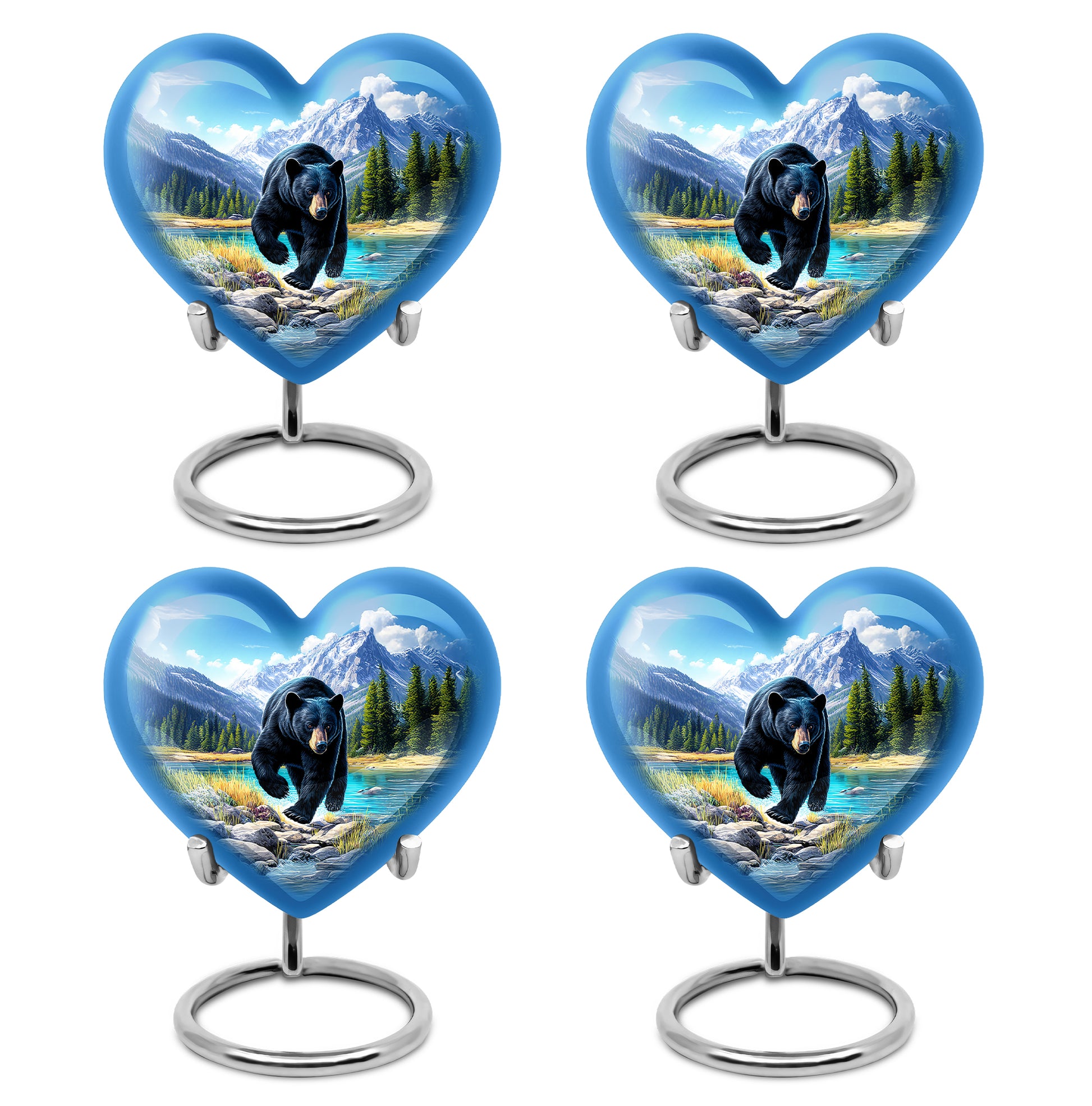 Cobalt Blue Bear Cremation Urn angled view of lid and engraved motif - romantic heart urn with bear motif on aluminum - 10 inch aluminum urn for cremated remains
