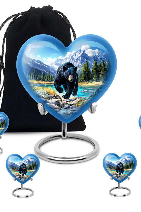 Slate Blue Bear Cremation Urn close-up of engraving and surface detail - heart-shaped bear design symbolizing eternal love - memorial set with one large and four small urns
