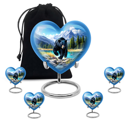 Slate Blue Bear Cremation Urn close-up of engraving and surface detail - heart-shaped bear design symbolizing eternal love - memorial set with one large and four small urns