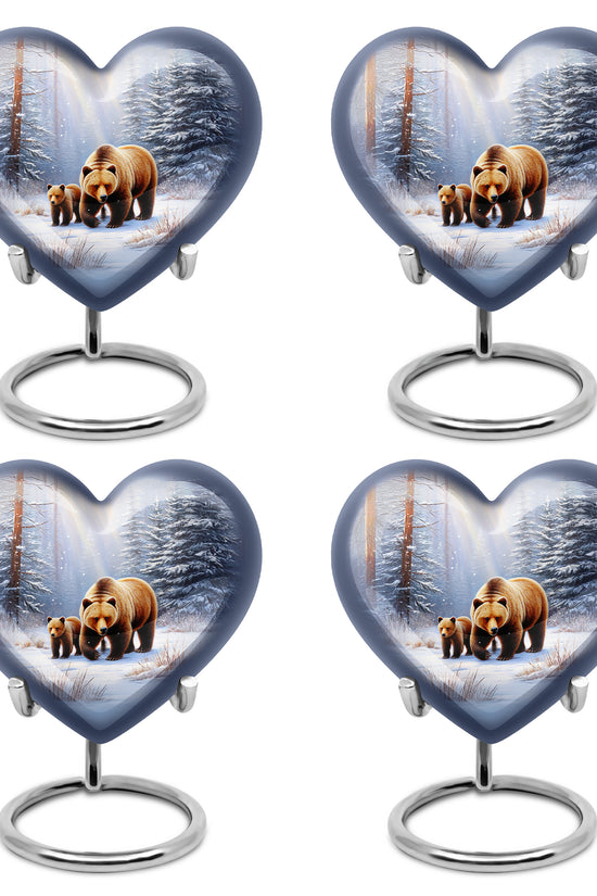 Polished Silver Bear Cremation Urn angled view of lid and engraved motif - romantic heart urn with bear motif on aluminum - 10 inch aluminum urn for cremated remains