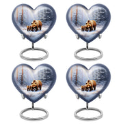 Polished Silver Bear Cremation Urn angled view of lid and engraved motif - romantic heart urn with bear motif on aluminum - 10 inch aluminum urn for cremated remains
