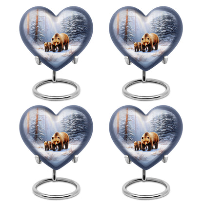 Polished Silver Bear Cremation Urn angled view of lid and engraved motif - romantic heart urn with bear motif on aluminum - 10 inch aluminum urn for cremated remains