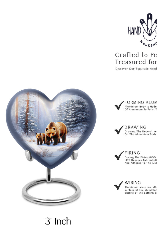 Chrome Silver Bear Cremation Urn front view showing detailed design - compassionate heart-bear combination with gentle curves - mini keepsake memorial for portion of cremation ashes