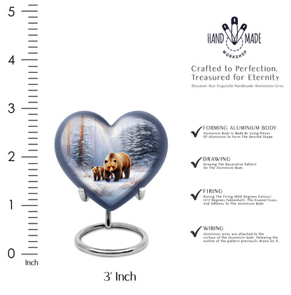Chrome Silver Bear Cremation Urn front view showing detailed design - compassionate heart-bear combination with gentle curves - mini keepsake memorial for portion of cremation ashes
