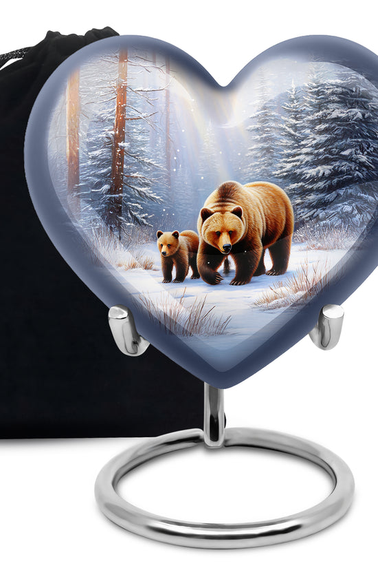Chrome Silver Bear Cremation Urn detail view - romantic heart urn with bear motif on aluminum - full-size 10 inch 200 cubic inch adult cremation urn