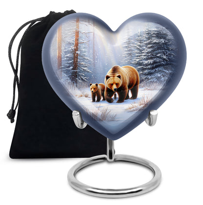 Chrome Silver Bear Cremation Urn detail view - romantic heart urn with bear motif on aluminum - full-size 10 inch 200 cubic inch adult cremation urn