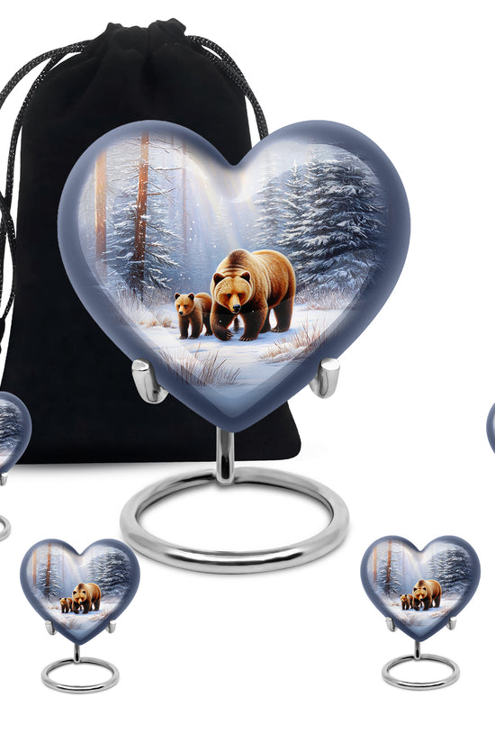 Satin Silver Bear Cremation Urn close-up of engraving and surface detail - heart-shaped bear design symbolizing eternal love - memorial set with one large and four small urns