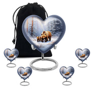 Satin Silver Bear Cremation Urn close-up of engraving and surface detail - heart-shaped bear design symbolizing eternal love - memorial set with one large and four small urns