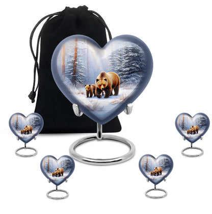 Satin Silver Bear Cremation Urn close-up of engraving and surface detail - heart-shaped bear design symbolizing eternal love - memorial set with one large and four small urns