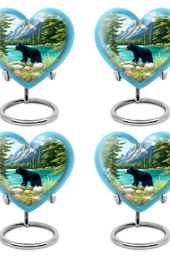 Royal Blue Bear Cremation Urn angled view of lid and engraved motif - romantic heart urn with bear motif on aluminum - 10 inch aluminum urn for cremated remains